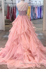 Gorgeous One Shoulder Beaded Pink Long Semi Formal Prom Dresses, Fluffy Pink Formal Evening Dresses, Beaded Ball Gown