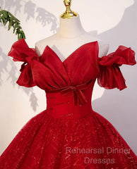 Gorgeous Red Tulle Ball Gown Off Shoulder Sweet 16 Dress, Red Long Formal Dress