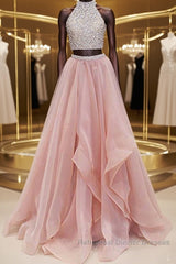 Gorgeous Round Neck Two Pieces Long Semi Formal Prom Dresses, 2 Pieces Formal Evening Dresses