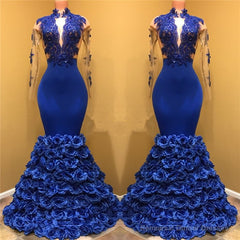 Gorgeous Royal Blue Prom Dresses Long Sleevess Evening Gowns with Rose Flowers