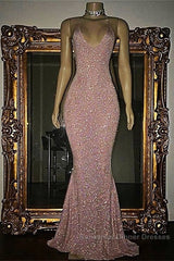 Gorgeous Sequined Mermaid Spaghetti-Strap Long Sleevesless Semi Formal Prom Party Gowns