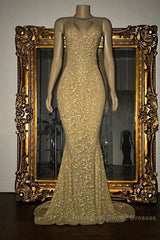 Gorgeous Sequined Mermaid Spaghetti-Strap Long Sleevesless Semi Formal Prom Party Gowns
