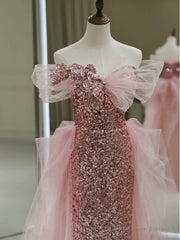 Gorgeous Sheath Off The Shoulder Pink Sequin Long Evening Dress Prom Dresses Birthday Outfits