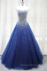 Gorgeous Strapless Blue Tulle Beaded Long Semi Formal Prom Dresses, Beaded Blue Formal Evening Dresses, Beaded Ball Gown