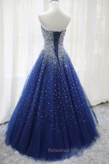 Gorgeous Strapless Blue Tulle Beaded Long Semi Formal Prom Dresses, Beaded Blue Formal Evening Dresses, Beaded Ball Gown