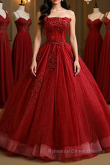 Gorgeous Strapless Burgundy Lace Beaded Long Semi Formal Prom Dresses, Lace Burgundy Formal Evening Dresses, Burgundy Lace Ball Gown