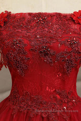 Gorgeous Strapless Burgundy Lace Beaded Long Semi Formal Prom Dresses, Lace Burgundy Formal Evening Dresses, Burgundy Lace Ball Gown