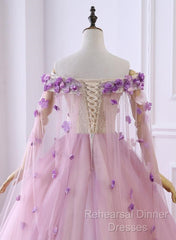 Gorgeous Tulle Off Shoulder Flowers Lace-Up Long Formal Dress, Pink Semi Formal Prom Dress