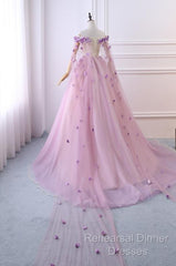Gorgeous Tulle Off Shoulder Flowers Lace-Up Long Formal Dress, Pink Semi Formal Prom Dress
