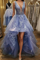 Gorgeous V Neck and V Back Blue Tulle Lace Long Semi Formal Prom Dresses, Puffy Blue Lace Formal Evening Dresses