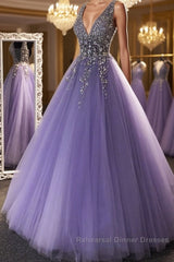 Gorgeous V Neck Beaded Purple Tulle Long Semi Formal Prom Dresses, V Neck Purple Formal Evening Dresses, Purple Ball Gown