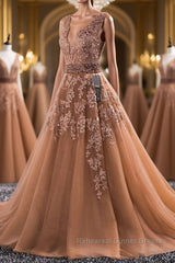 Gorgeous V Neck Champagne Lace Long Semi Formal Prom Dresses, Champagne Lace Formal Graduation Evening Dresses