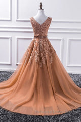 Gorgeous V Neck Champagne Lace Long Semi Formal Prom Dresses, Champagne Lace Formal Graduation Evening Dresses