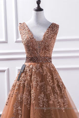 Gorgeous V Neck Champagne Lace Long Semi Formal Prom Dresses, Champagne Lace Formal Graduation Evening Dresses