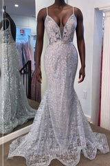 Gorgeous V Neck Mermaid Backless Silver Gray Semi Formal Prom Dresses, Mermaid Silver Gray Formal Dresses, Backless Silver Gray Evening Dresses