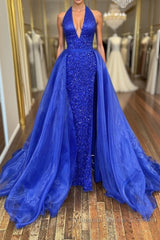 Gorgeous V Neck Mermaid Blue Sequins Long Semi Formal Prom Dresses, Mermaid Blue Formal Dresses, Blue Evening Dresses