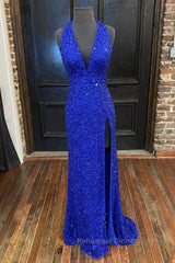 Gorgeous V Neck Mermaid Blue Sequins Long Semi Formal Prom Dresses, Mermaid Blue Formal Dresses, Blue Evening Dresses