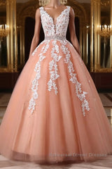 Gorgeous V Neck Open Back Coral Lace Floral Long Semi Formal Prom Dresses, Coral Lace Formal Dresses, Coral Evening Dresses with Appliques