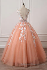 Gorgeous V Neck Open Back Coral Lace Floral Long Semi Formal Prom Dresses, Coral Lace Formal Dresses, Coral Evening Dresses with Appliques