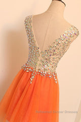 Gorgeous V Neck Open Back Orange Short Semi Formal Prom Dresses Homecoming Dresses, Short Orange Formal Evening Dresses