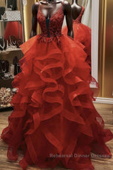 Gorgeous V Neck Open Back Red Lace Long Semi Formal Prom Dresses, Red Lace Formal Evening Dresses, Red Ball Gown