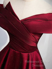 Gorgeous Wine Red Satin Off Shoulder Party Dress , Beautiful Wine Red Semi Formal Prom Dresses