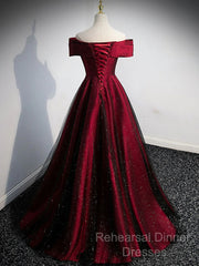 Gorgeous Wine Red Satin Off Shoulder Party Dress , Beautiful Wine Red Semi Formal Prom Dresses