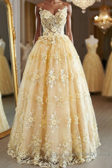 Gorgeous Yellow Lace Appliques Long Semi Formal Prom Dresses, Yellow Lace Formal Dresses, Yellow Evening Dresses