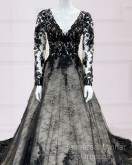 Gothic Black Lace Wedding Dresses Long Sleeves