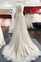 Graceful Long A-line Tulle V-neck Lace Backless Wedding Dress