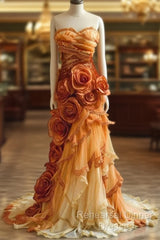 Gradient Orange Mermaid Sweetheart Neck Beaded Long Semi Formal Prom Dress Layered Lace Applique Wedding Dress Evening Dressed01634