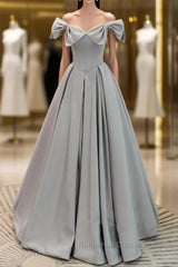 Gray A-Line Satin Long Semi Formal Prom Dresses, Gray Formal Evening Dresses