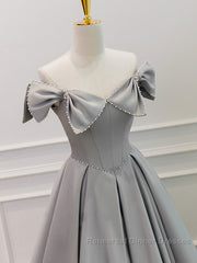 Gray A-Line Satin Long Semi Formal Prom Dresses, Gray Formal Evening Dresses