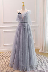 Gray A-Line Tulle Long Semi Formal Prom Dresses, Gray Formal Evening Dresses