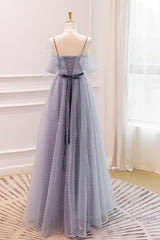 Gray A-Line Tulle Long Semi Formal Prom Dresses, Gray Formal Evening Dresses