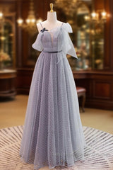 Gray A-Line Tulle Long Semi Formal Prom Dresses, Gray Formal Evening Dresses
