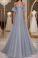 Gray A line tulle off shoulder Semi Formal Prom Dresses, gray long evening Dresses