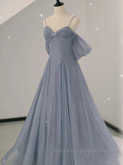 Gray A line tulle off shoulder Semi Formal Prom Dresses, gray long evening Dresses