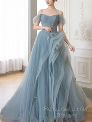 Gray Blue Tulle Lace Long Semi Formal Prom Dress, Gray Blue Formal Dress