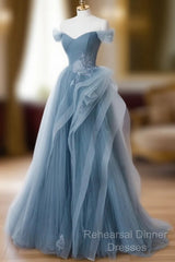 Gray Blue Tulle Lace Long Semi Formal Prom Dress, Gray Blue Formal Dress