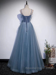 Gray Blue Tulle Long Semi Formal Prom Dress A Line Evening Dress Formal Dress December Wedding Guest Dress