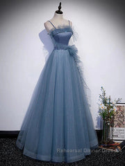 Gray Blue Tulle Long Semi Formal Prom Dress A Line Evening Dress Formal Dress December Wedding Guest Dress