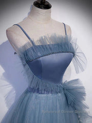 Gray Blue Tulle Long Semi Formal Prom Dress A Line Evening Dress Formal Dress December Wedding Guest Dress