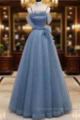 Gray Blue Tulle Long Semi Formal Prom Dress A Line Evening Dress Formal Dress December Wedding Guest Dress