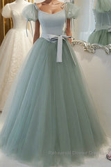 Gray Green A-Line Tulle Long Semi Formal Prom Dresses, Gray Green Formal Dresses