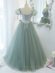 Gray Green A-Line Tulle Long Semi Formal Prom Dresses, Gray Green Formal Dresses