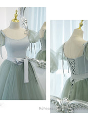 Gray Green A-Line Tulle Long Semi Formal Prom Dresses, Gray Green Formal Dresses