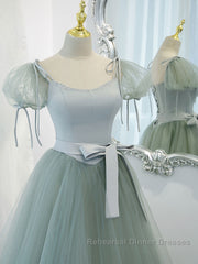 Gray Green A-Line Tulle Long Semi Formal Prom Dresses, Gray Green Formal Dresses