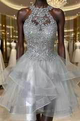 Gray Lace Short Semi Formal Prom Dresses, Fluffy Gray Lace Homecoming Dresses, Gray Formal Evening Dresses