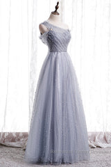 Gray One Shoulder Tulle Long Semi Formal Prom Dress Gray Tulle Evening Dress